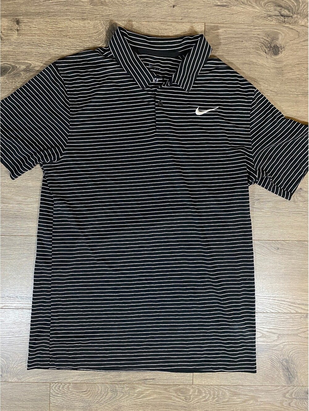 Nike Dri-FIT Polo Mens S Black White Striped Golf Shirt Embroidered Swoosh